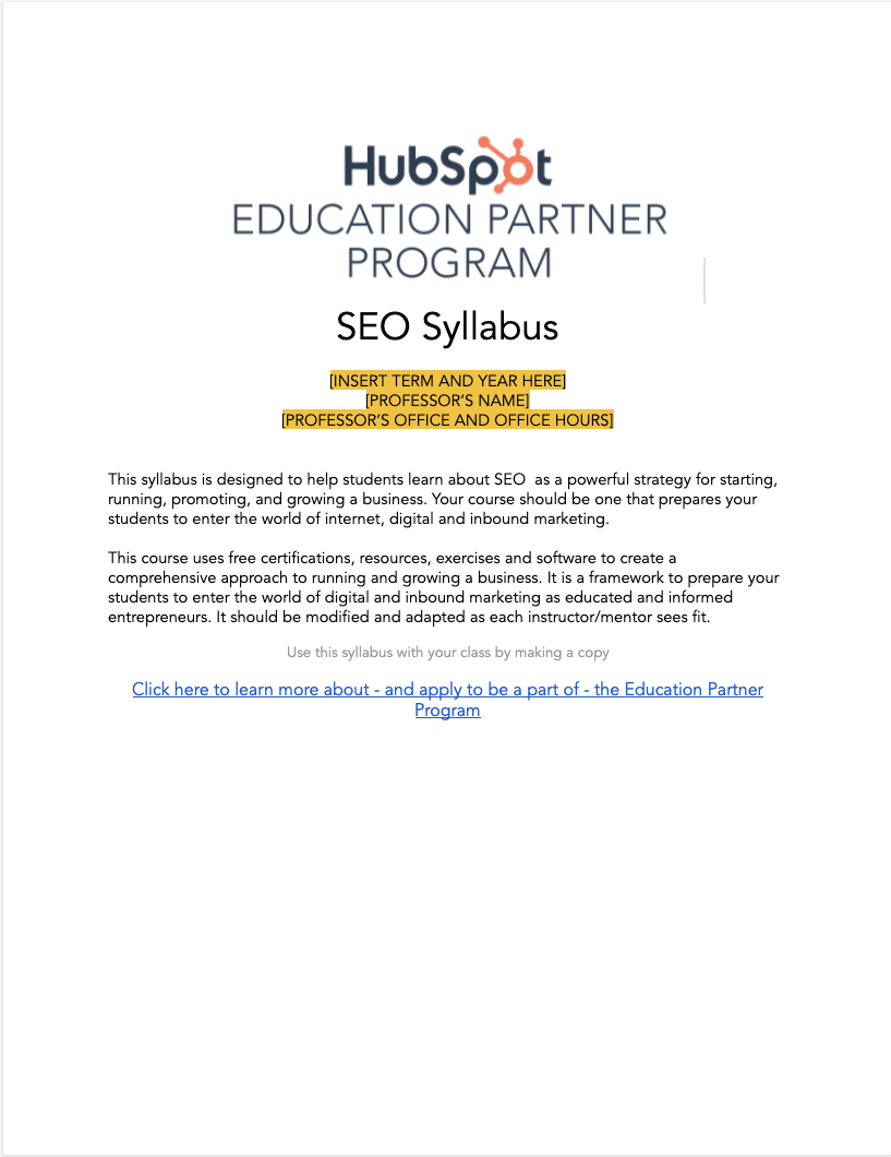 SEO Syllabus Hubspot Education Partner Program HubSpot Academy